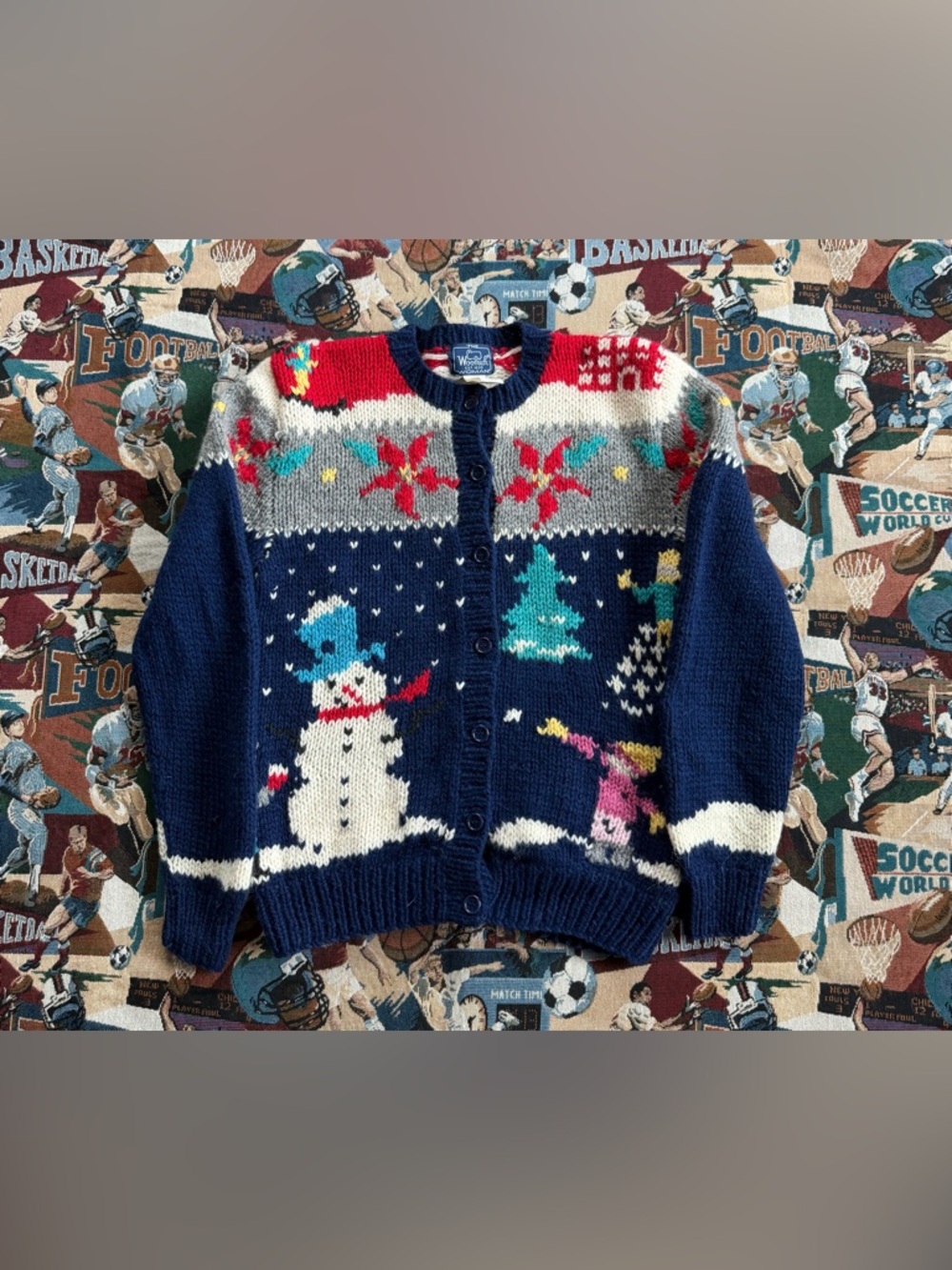 Vintage 90s Women’s Woolrich Winter Snowman Themed Wool Navy Blue Cardigan